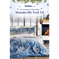 Özdilek Snowflake Mavi Çift Kişilik Nevresim Takımı 4 Yastıklı Yılbaşı Nevresim New Year