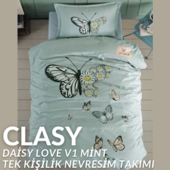 Clasy Ranforce %100 Pamuk Nevresim Takımı Tek Kişilik Daisy Love V1 Mint