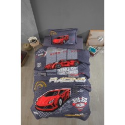 Clasy Ranforce %100 Pamuk Tek Kişilik Yatak Örtüsü Seti Racing Team V1 Mavi