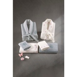 İyi Geceler İstanbul Lovely Aile Bornoz Seti Ekru - Açık Gri