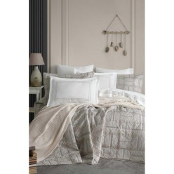 Çeyiz Paketi 10 Parça (Yatak Örtüsü / Pamuk Saten Nevresim Takımı / Battaniye) Linda Ekru