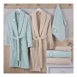 Hobby Line - Pamuklu Bornoz Seti - S. Yeşili Krem