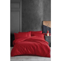 Clasy Çizgili Saten %100 Pamuk Nevresim Takımı Çift Kişilik Düz Renk V2 Kırmızı