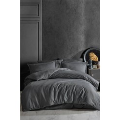 Clasy Çizgili Saten %100 Pamuk Nevresim Takımı Çift Kişilik Düz Renk V1 Siyah