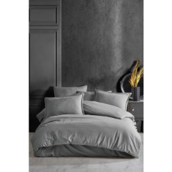 Clasy Çizgili Saten %100 Pamuk Nevresim Takımı Çift Kişilik Düz Renk V4 Gri