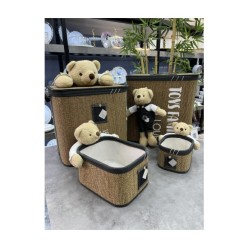 Arow 4 Parça Hasır Örme Ayıcıklı Dikdörtgen Sepet Takımı