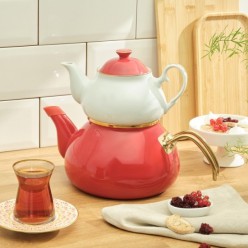 Emsan Alice Midi Gold Emaye Kırmızı Porselen Demlikli Çaydanlık Takımı